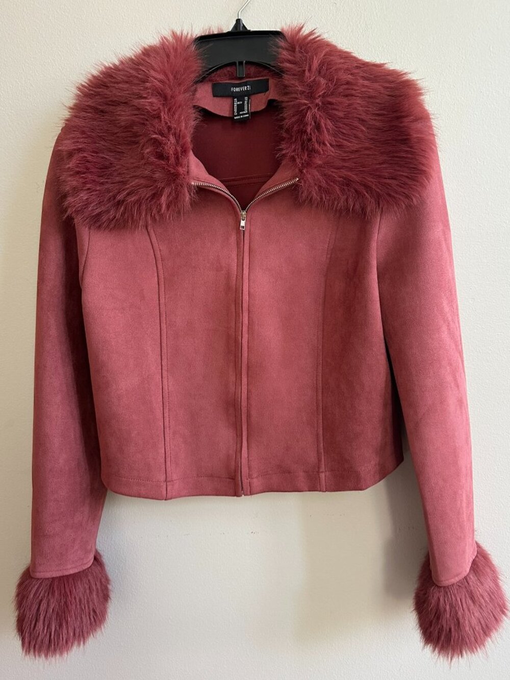 Forever 21 Women's Sz XS Faux Suede Cropped Jacket Faux Fur Collar Cuffs Mauve